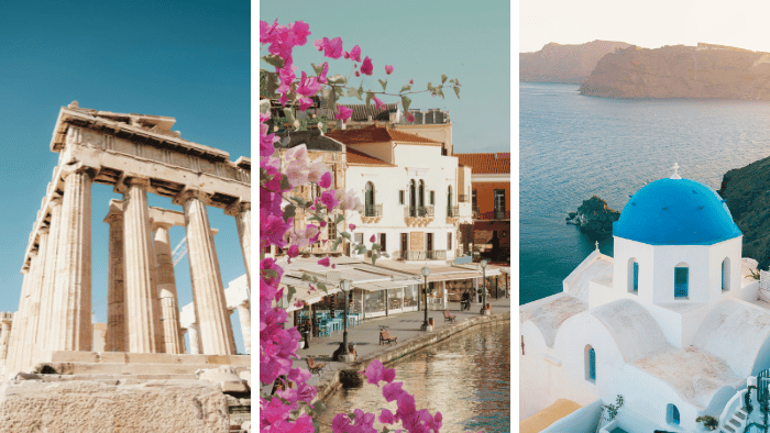Travel collage featuring Athens ancient ruins, Crete harbor scenery, and Santorini blue domes, highlighting the Athens–Crete–Santorini Greek combo route.